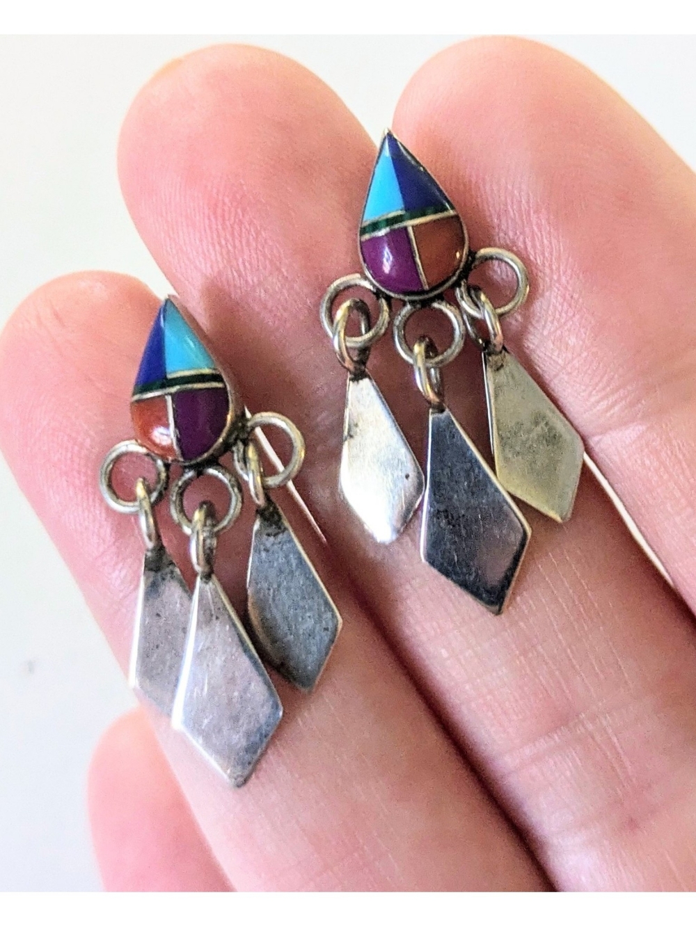 Vintage Signed GH ZUNI Sterling Silver Turquoise Teardrop Stud Dangle Earrings